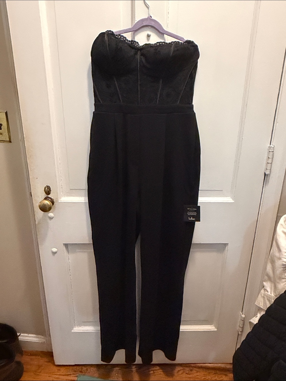 Lulus Black Strapless Bustier Jumpsuit with Lace Trim